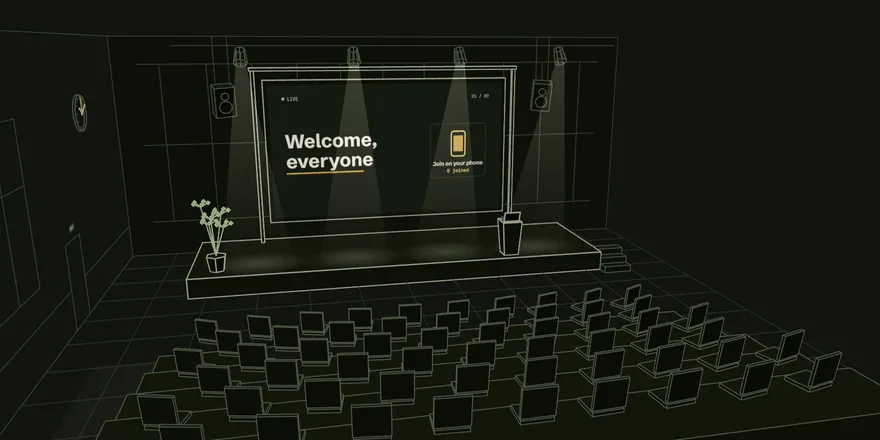 The empty lecture hall with the lights on and the screen saying Welcome, everyone, before anyone has arrived.